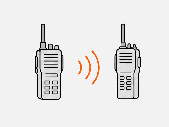 Two walkie-talkies facing each other, with signal arcs between them