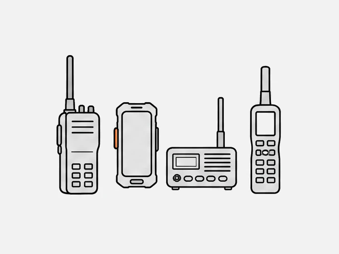Kinds of two-way radio: a handheld radio, a push-to-talk phone, a base station and a satellite radio