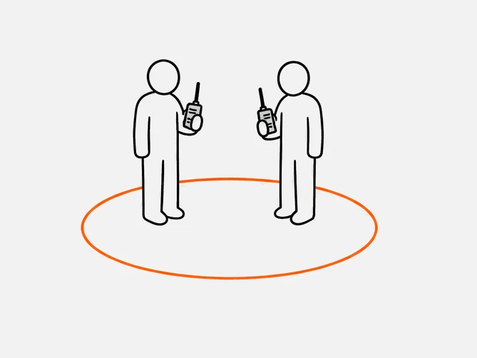 Two people with walkie-talkies inside one range circle