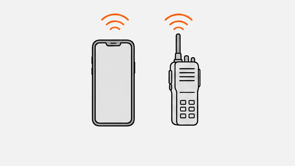 A smartphone and a walkie-talkie, both sending a signal