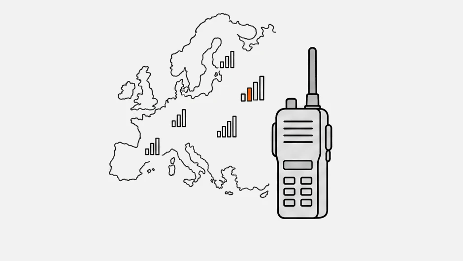 A map of Europe with signal levels next to a radio