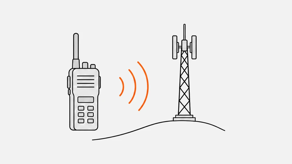 A radio and a cell tower on a hill, with LTE signal arcs between them