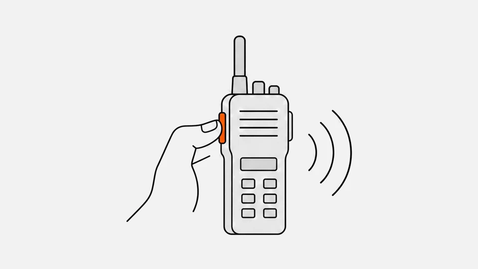 A radio held with the thumb on its side push-to-talk button, with sound arcs