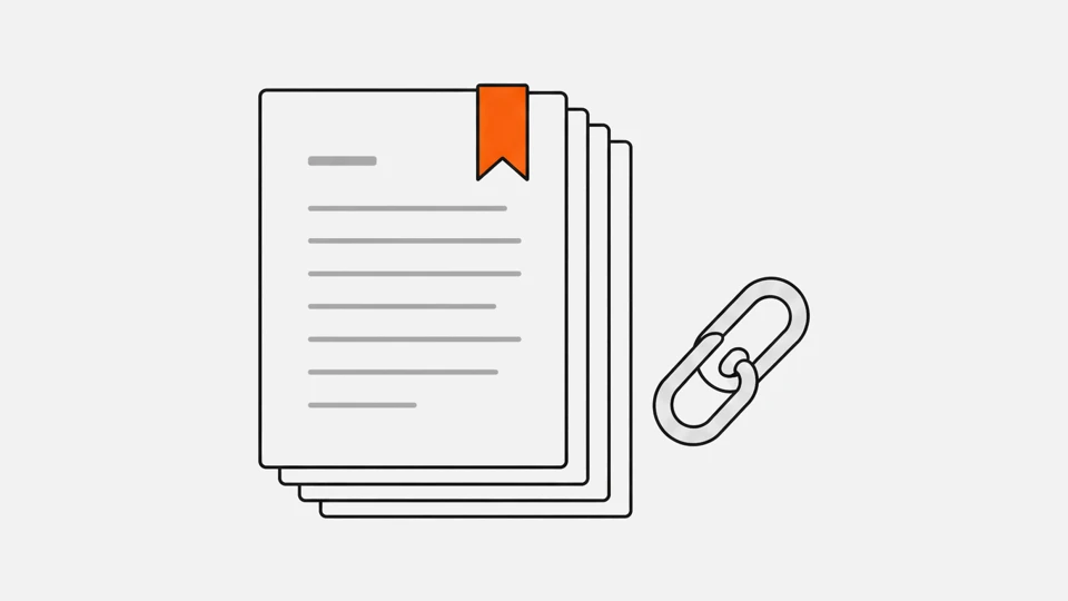 A stack of documents with a chain link and a bookmark