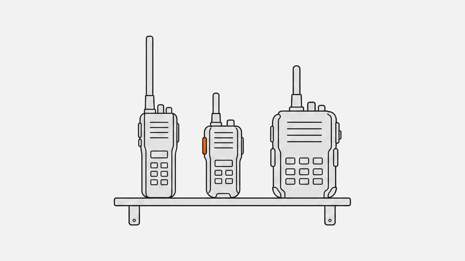 Three radios of different sizes standing on one shelf