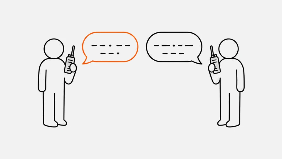 Two people with radios and speech bubbles of dots and dashes between them