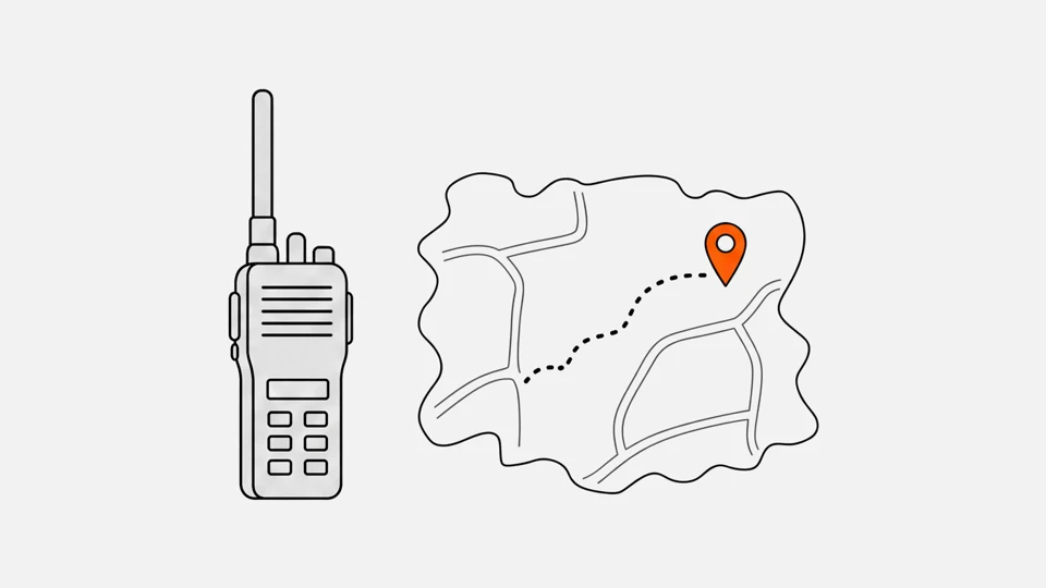 A radio and a map with roads and a dotted GPS track