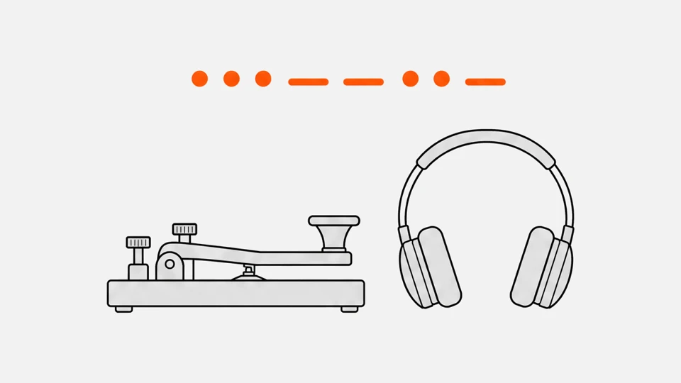 A Morse key and headphones under a row of dots and dashes