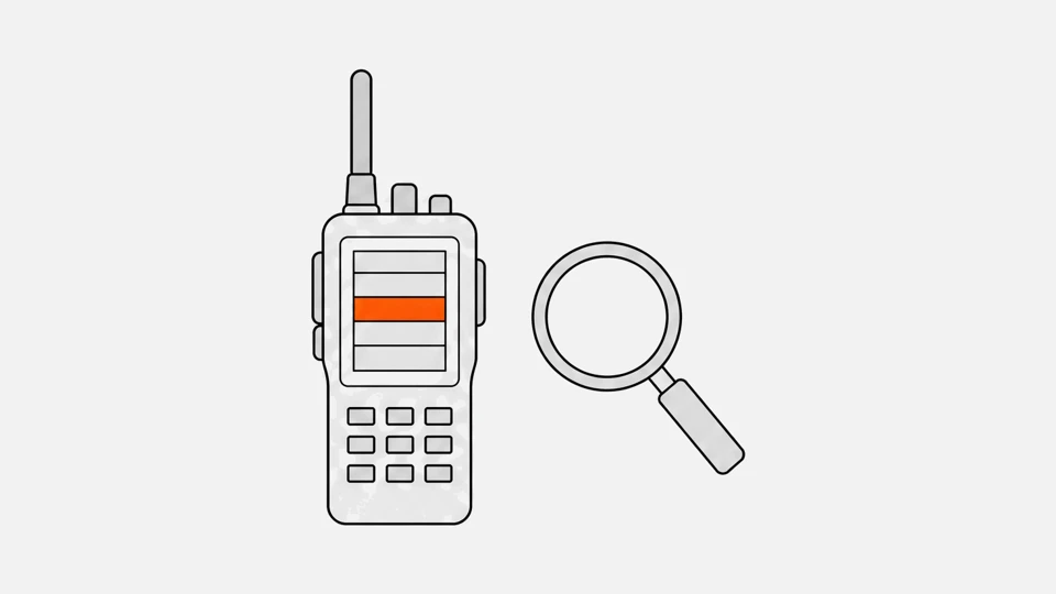 A DMR handheld radio with a contact list on its screen, one talkgroup row highlighted, and a magnifying glass