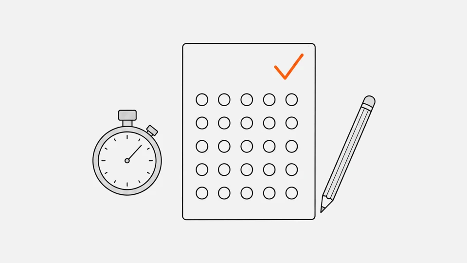 An exam answer sheet with rows of answer bubbles and a tick, a pencil and a stopwatch