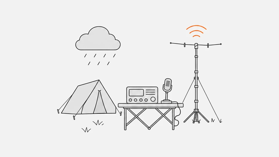 A field radio station by a tent: a transceiver and microphone on a folding table, a mast antenna sending signals, rain clouds above