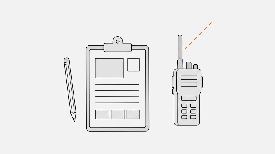 A message form on a clipboard with a pencil, and a handheld radio sending the message
