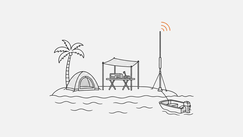 A DX expedition on a small island: a tent, a radio station under an awning, a vertical antenna at the waterline and a boat offshore