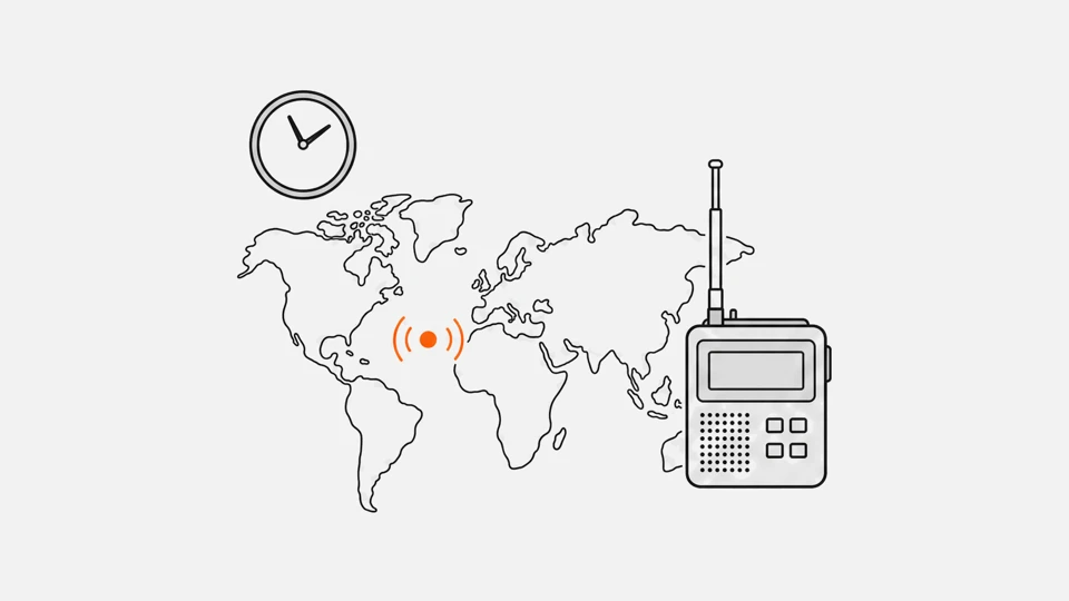 A world map with a transmitter marked, a wall clock and a portable shortwave receiver