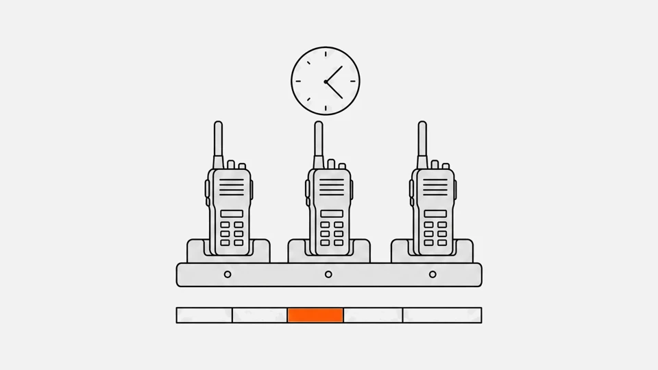 Three handheld radios in a desktop multi-bay charger under a wall clock, a timeline bar with one charging block