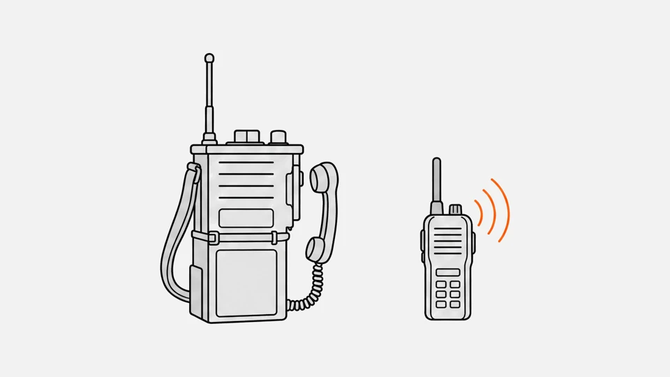 An old backpack military radio with a long whip antenna next to a small modern handheld walkie-talkie