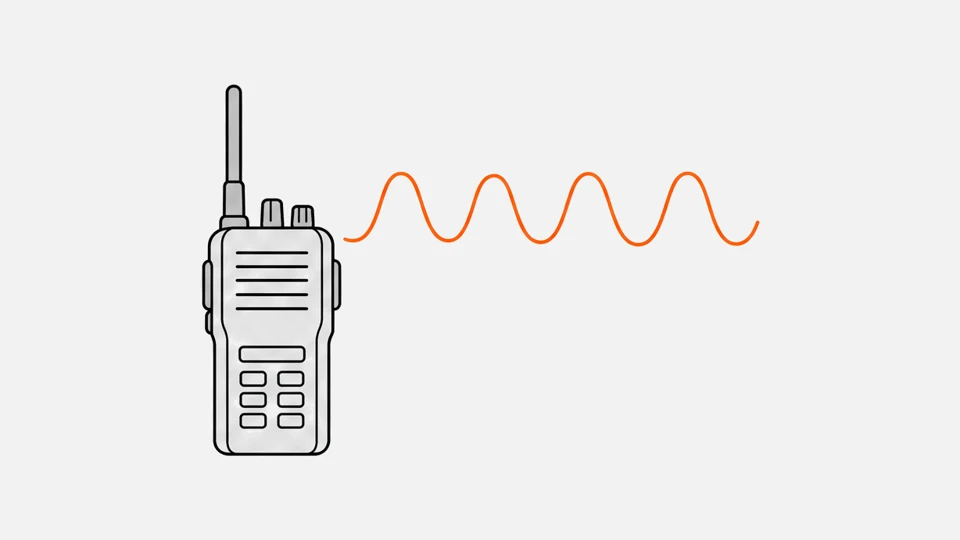 A handheld analog radio with channel and volume knobs, a smooth sine wave running from its antenna