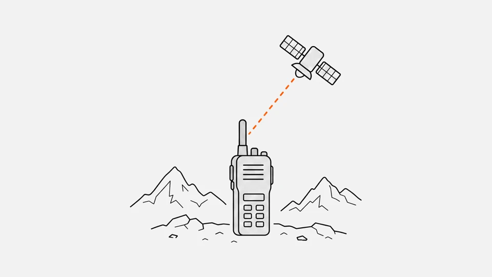 A rugged satellite handheld radio on bare mountain ground, a dashed line rising to a satellite in the sky