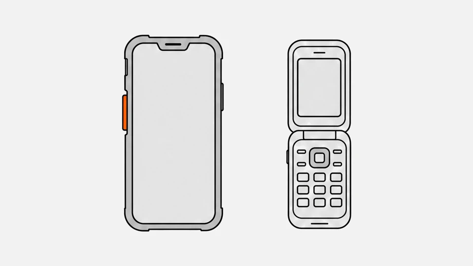 A rugged smartphone with a large side push-to-talk button next to a small flip phone